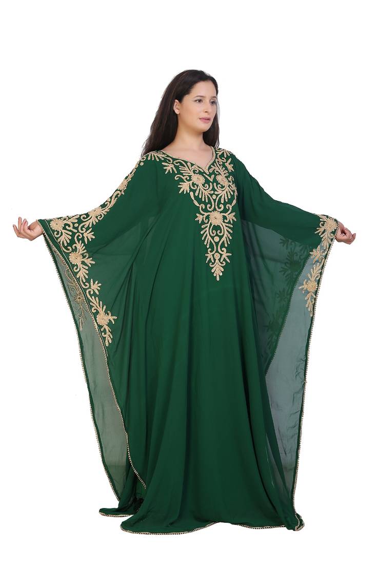 green georgette embroidered aari work islamic kaftans
