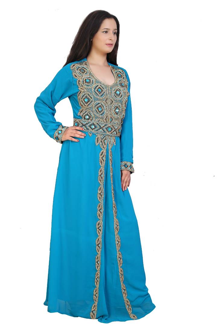 turquoise georgette embroidered zari work islamic kaftans