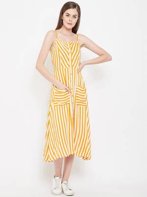 Yellow printed viscose rayon long-dresses 2