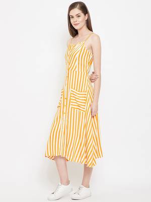 Yellow printed viscose rayon long-dresses 4