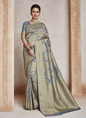 Grey Woven Silk Blend Saree With Blouse 1