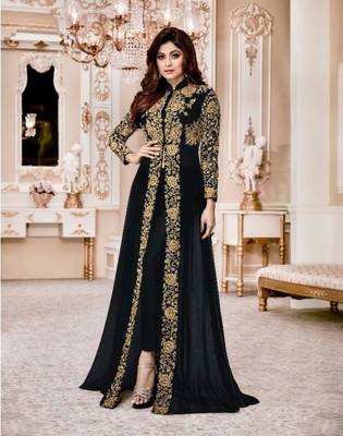 Royal Villa Black Embroidered Faux Georgette Salwar Semi Stitched 1