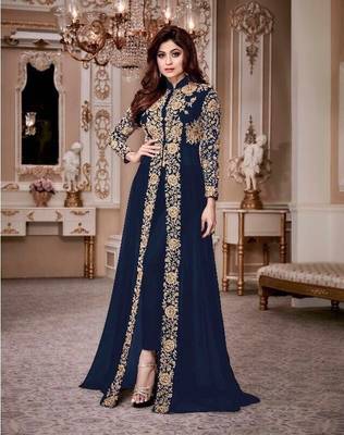 Royal Villa Blue Embroidered Faux Georgette Anarkali Semi Stitched 1