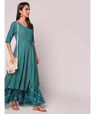 green Angrakha Style Kurta With Flary Palazzo 1