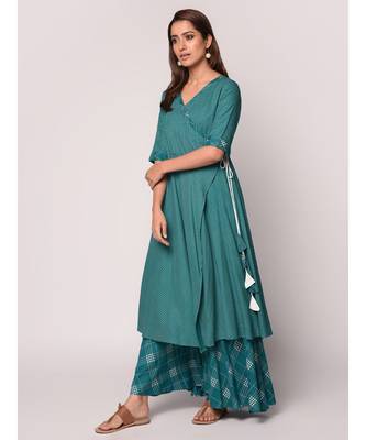 green Angrakha Style Kurta With Flary Palazzo 3
