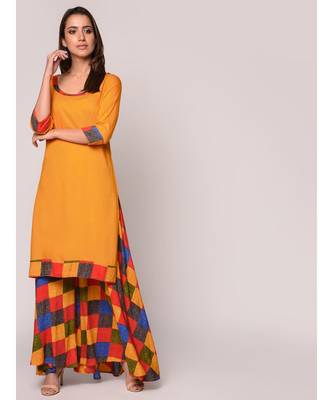Mustard Solid Kurta With Printed Flared Palazzo Set 1