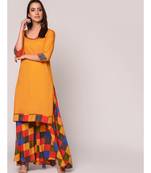 Mustard Solid Kurta With Printed Flared Palazzo Set
