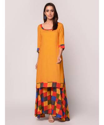 Mustard Solid Kurta With Printed Flared Palazzo Set 2