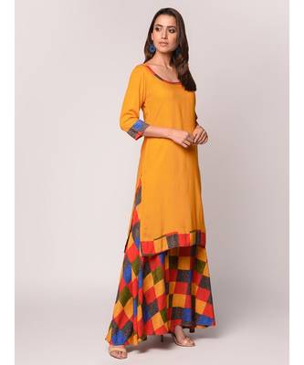 Mustard Solid Kurta With Printed Flared Palazzo Set 3