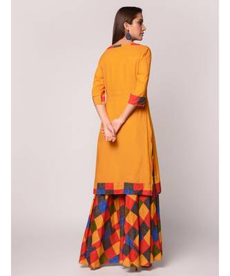 Mustard Solid Kurta With Printed Flared Palazzo Set 4