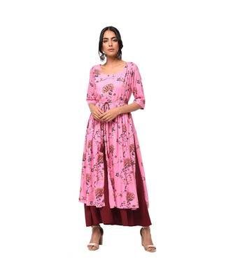 Pink Flary Kurta and Contrast Pallazo Set 1