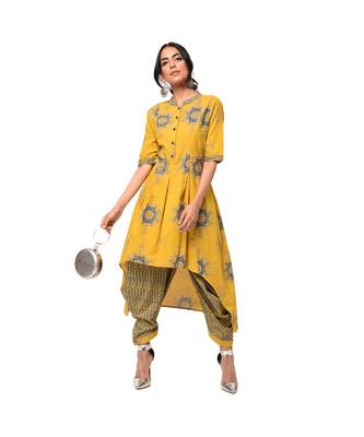Mustard High-Low Kurta with Cowl Pants Set 1