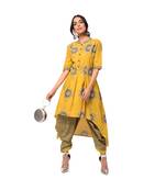 Mustard High-Low Kurta with Cowl Pants Set