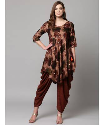 Brown Printed cold shoulder Kurti with Coordinated Cowl Pants 1