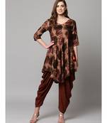 Brown Printed cold shoulder Kurti with Coordinated Cowl Pants