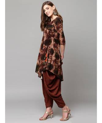 Brown Printed cold shoulder Kurti with Coordinated Cowl Pants 2