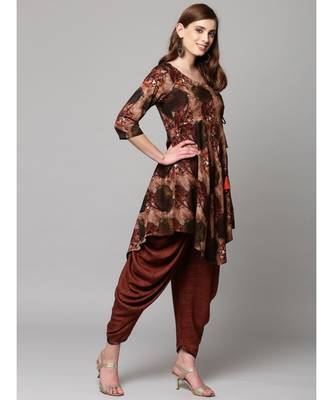 Brown Printed cold shoulder Kurti with Coordinated Cowl Pants 3