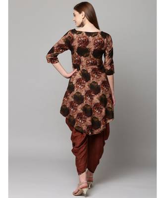 Brown Printed cold shoulder Kurti with Coordinated Cowl Pants 4