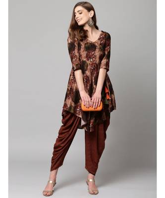 Brown Printed cold shoulder Kurti with Coordinated Cowl Pants 5