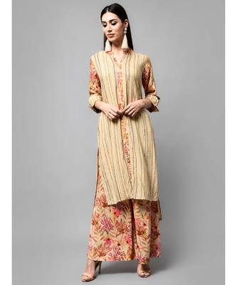 Brown Stripe Printed kurti with heavy flare floral Plazzo 1