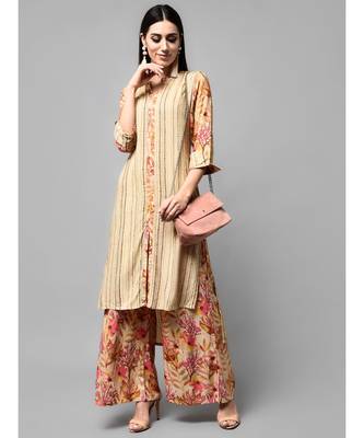 Brown Stripe Printed kurti with heavy flare floral Plazzo 2