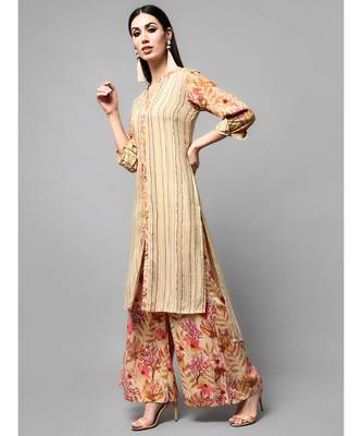 Brown Stripe Printed kurti with heavy flare floral Plazzo 3