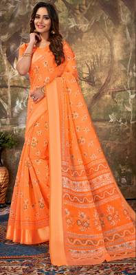 Orange Cotton Woven Work Traditional Saree 1