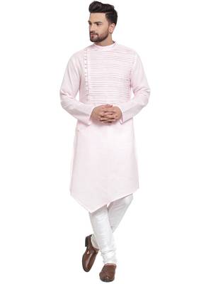 Designer Pink Linen Kurta With Churidar Pyjama For Men By Treemoda 1