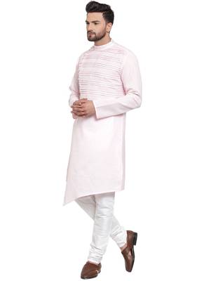 Designer Pink Linen Kurta With Churidar Pyjama For Men By Treemoda 3