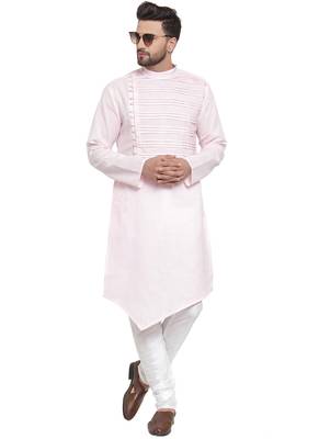 Designer Pink Linen Kurta With Churidar Pyjama For Men By Treemoda 5