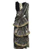 Grey self designed mixed blended with velvet blouse stitched Pre stitched saree