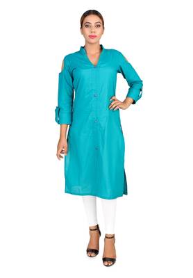 Turquoise plain Cotton kurti 1