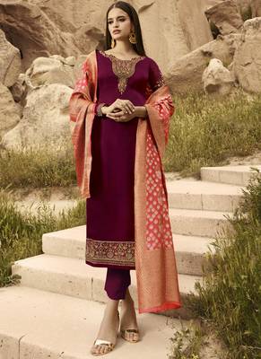 Maroon And Peach Embroidered Pants Suit 1