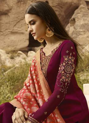 Maroon And Peach Embroidered Pants Suit 4