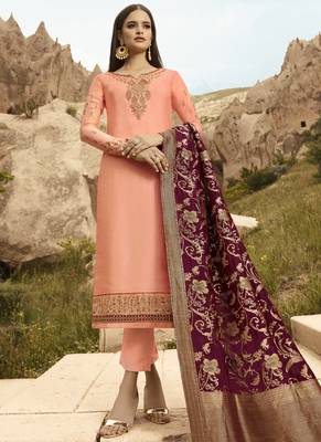 Peach And Maroon Embroidered Pants Suit 1