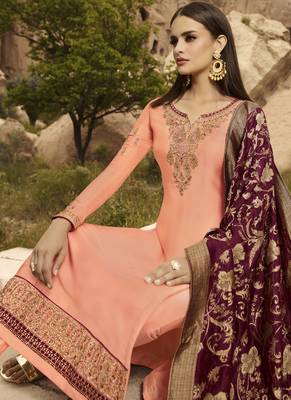 Peach And Maroon Embroidered Pants Suit 2