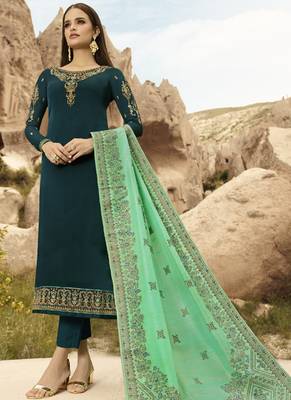 Turquoise And Green Embroidered Pants Suit 1
