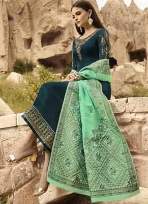 Turquoise And Green Embroidered Pants Suit 3