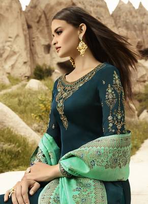 Turquoise And Green Embroidered Pants Suit 4