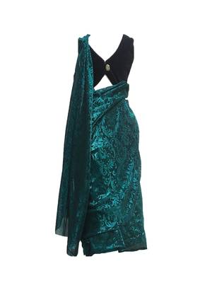 Green Black self designed mixed blended with velvet blouse stitched Pre stitched saree 2
