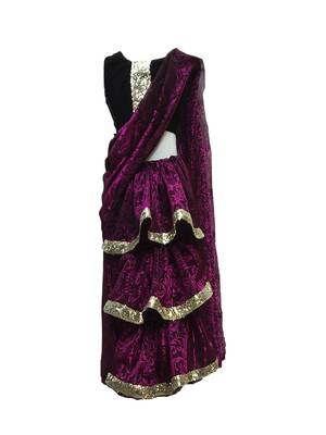 Purple self designed mixed blended with velvet blouse stitched Pre stitched saree 1