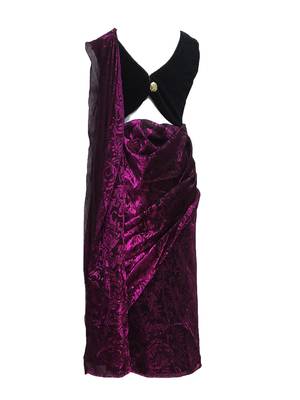 Purple self designed mixed blended with velvet blouse stitched Pre stitched saree 2