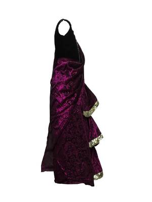 Purple self designed mixed blended with velvet blouse stitched Pre stitched saree 3