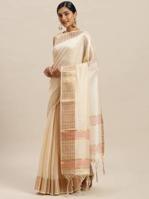 Beige printed linen saree with blouse 1