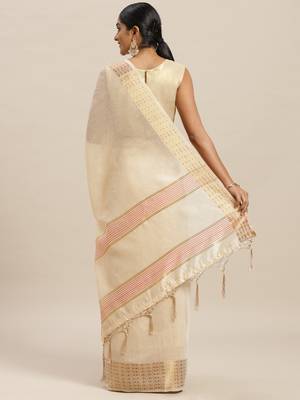 Beige printed linen saree with blouse 2