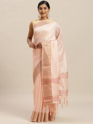 Peach printed linen saree with blouse 1