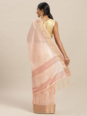 Peach printed linen saree with blouse 2