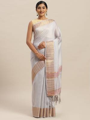 Grey printed linen saree with blouse 1