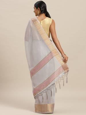 Grey printed linen saree with blouse 2