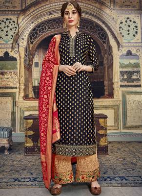 Black Jacquard Silk Pakistani Style Suit 1